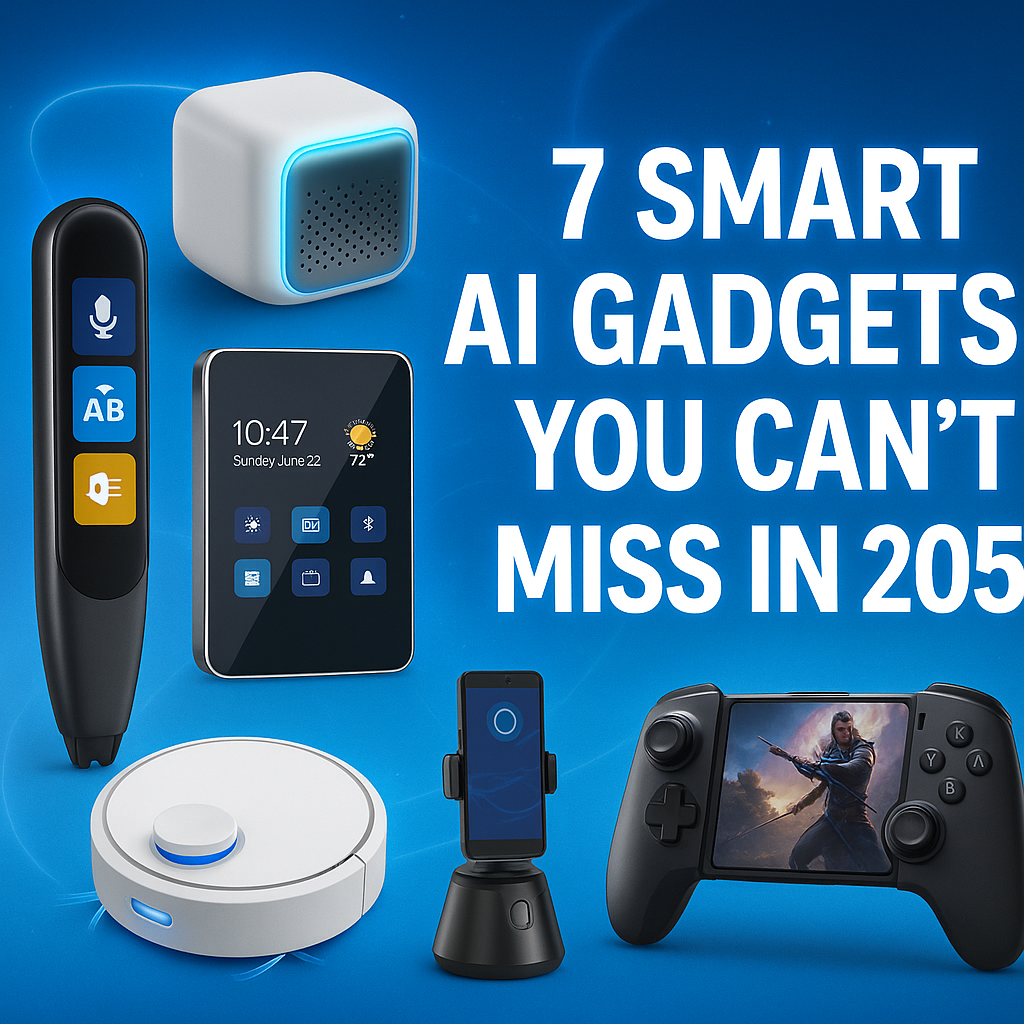Collage of trending AI gadgets available on Amazon India in 2025, including translator pen, smart mop, AI mirror, and gamepad