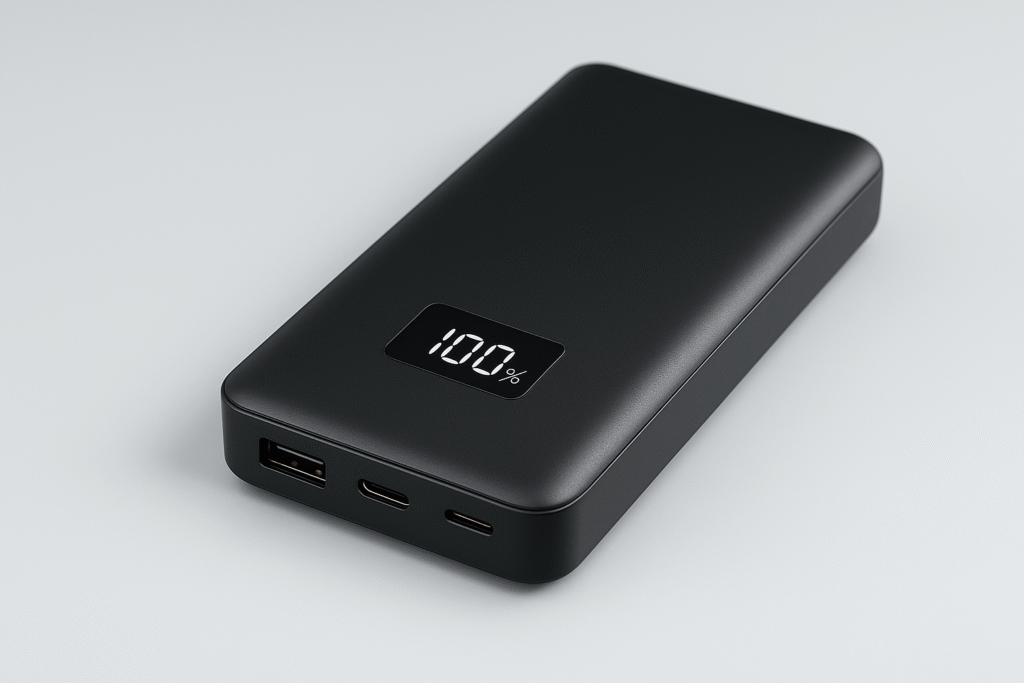 Stylish 2025 Power Bank Design for Smart Charging Modern black portable power bank with LED display and USB-C support