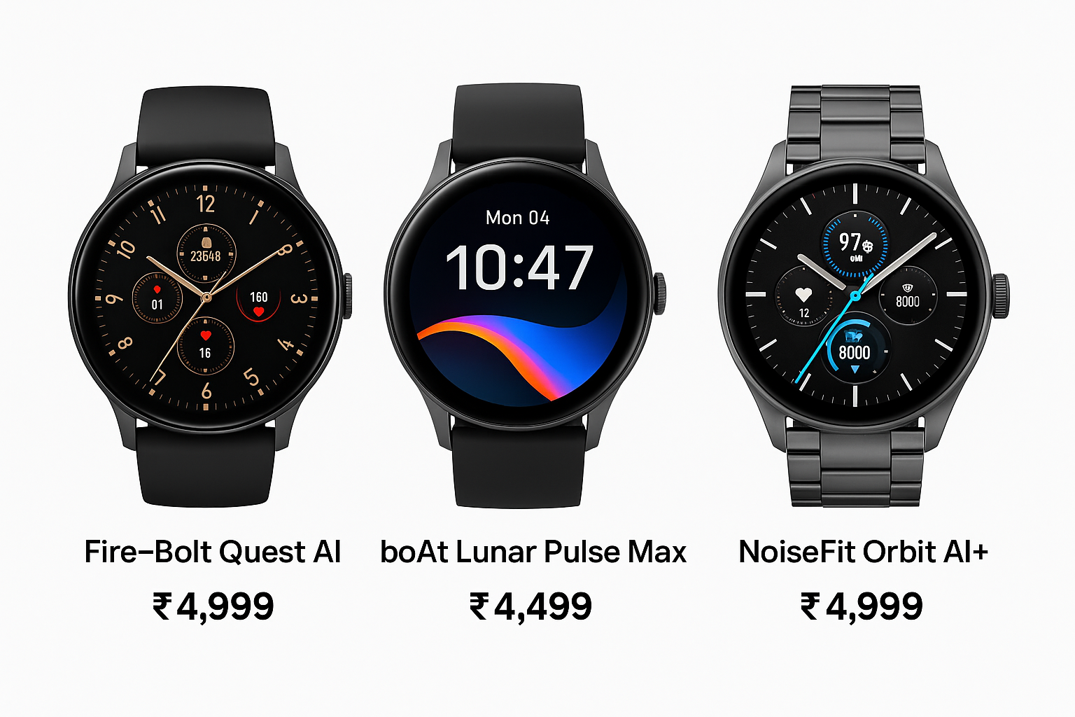 Smartwatch Comparison: Fire-Bolt Quest AI, boAt Lunar Pulse Max, NoiseFit Orbit AI+