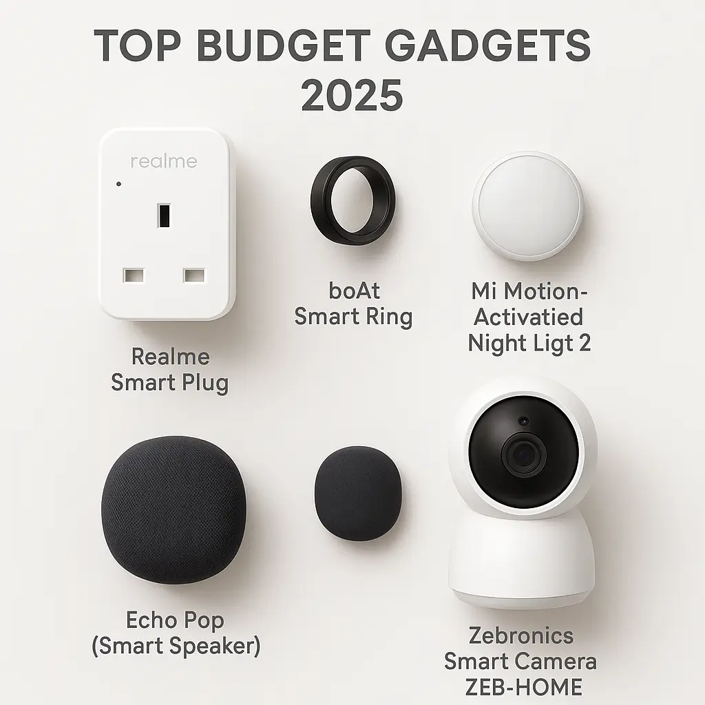 Top Smart Gadgets 2025 including Realme Smart Plug, boAt Smart Ring, Mi Motion-Activated Night Light 2, Echo Pop Smart Speaker, and Zebronics Smart Camera ZEB-HOME.