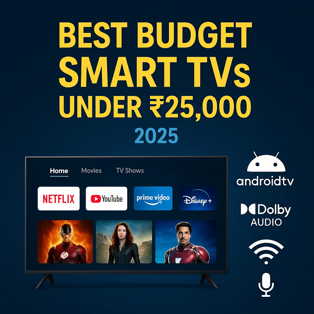 "Digital graphic showcasing best budget Smart TVs under ₹25,000 in India 2025 with modern flat-screen televisions on a minimal background"