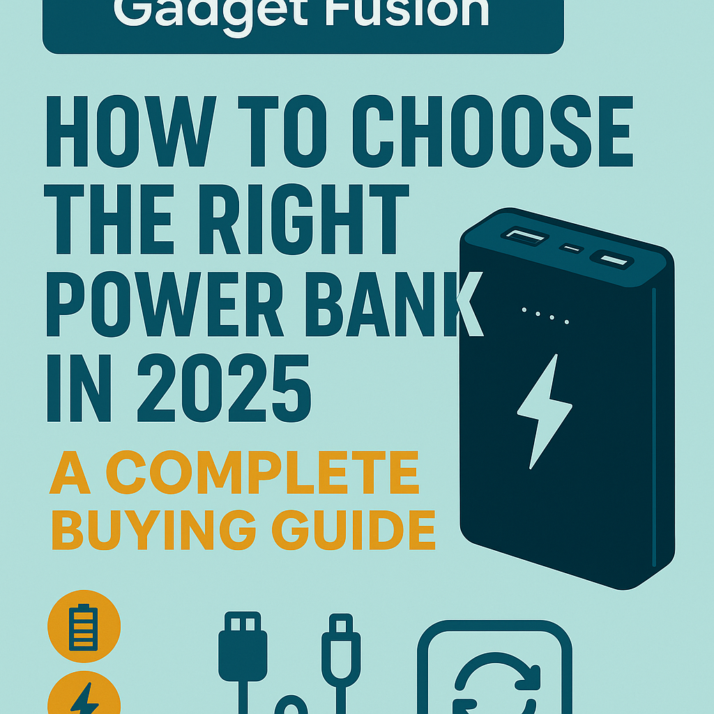 Stylized graphic showing different types of power banks with charging cables and icons, highlighting the 2025 buying guide