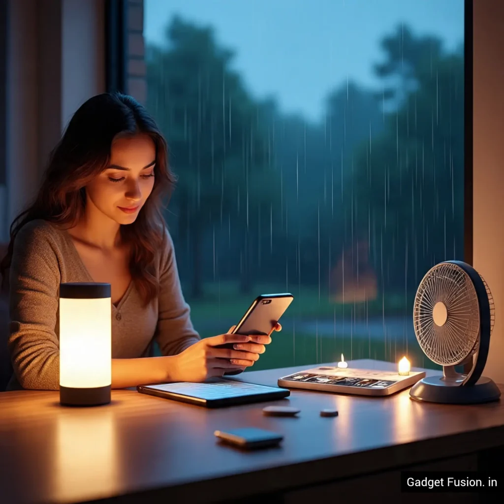 Emergency Power Cut Tech Gadgets in India 2025 – Indian woman using a solar power bank, rechargeable lantern, UPS-powered Wi-Fi router, and mini fan in a dimly lit monsoon room during a blackout.