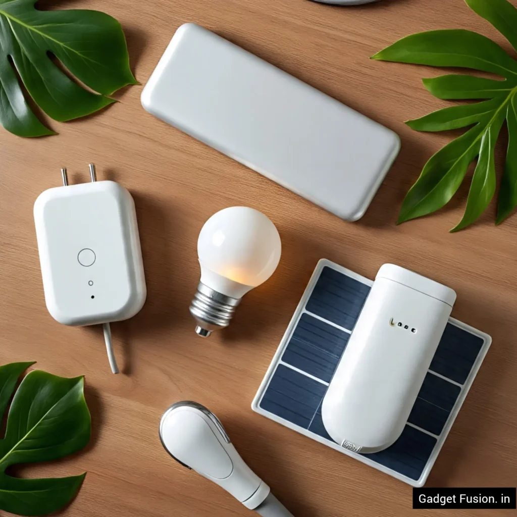 Eco-Friendly Gadgets That Save Money And Power — flat lay of solar power bank, smart plug, LED smart bulbs, and solar lights arranged on a wooden surface with green accents.