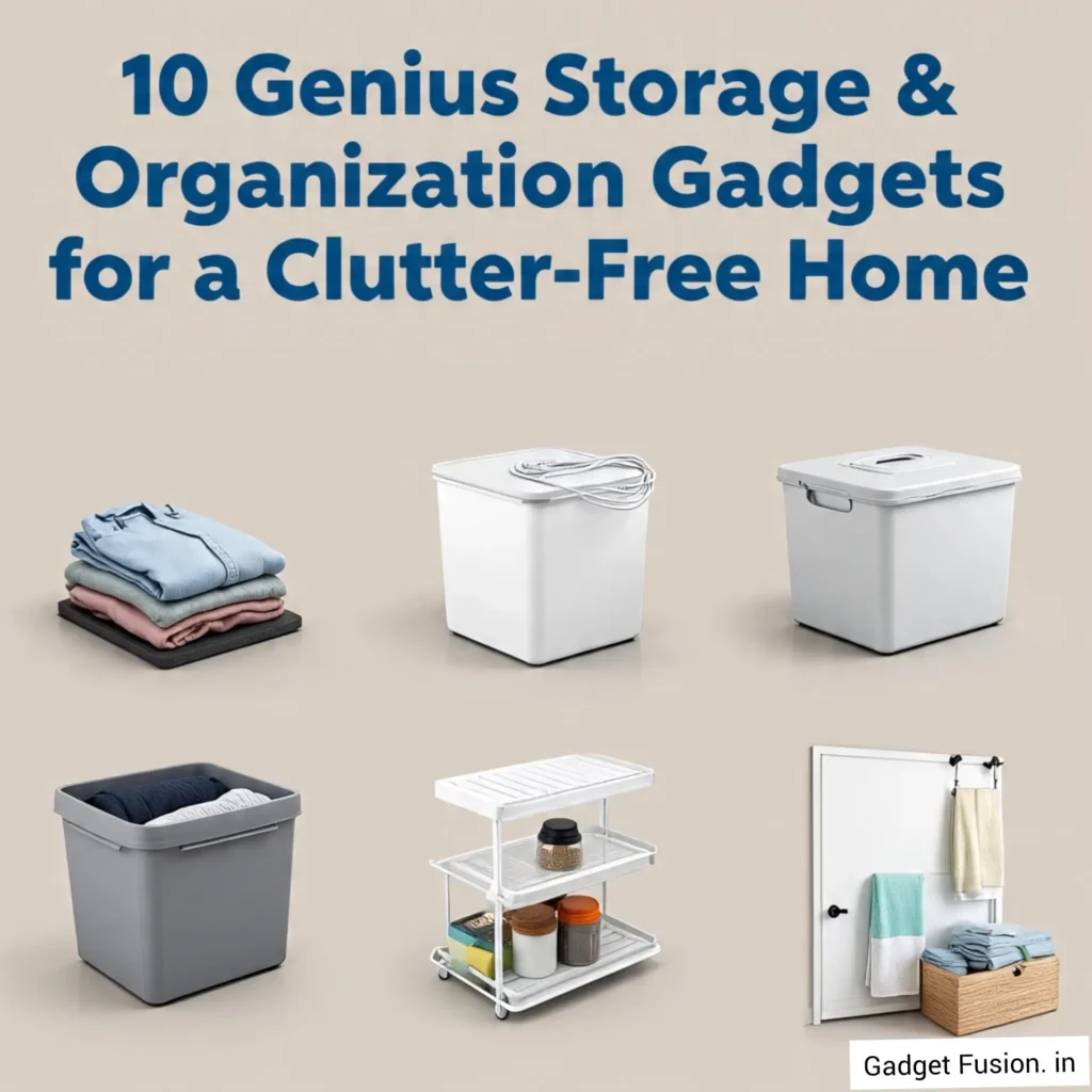Minimalist digital illustration showcasing storage and organization gadgets, including an under-bed storage box, a cable organizer box, a rotating spice rack, and an over-the-door hanging shelf, with the bold text “10 Genius Storage & Organization Gadgets for a Clutter-Free Home” on a beige background.