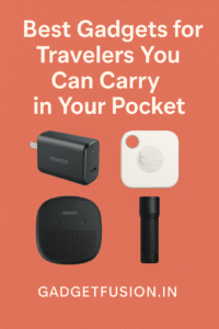 Four pocket-sized travel gadgets including Anker power bank, Tile tracker, Bose speaker, and LED flashlight on a coral background with the title "Best Gadgets for Travelers You Can Carry in Your Pocket".