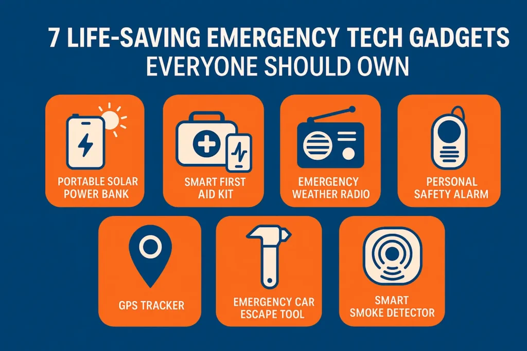 Infographic showing seven life-saving emergency tech gadgets with labeled icons: Portable Solar Power Bank, Smart First Aid Kit, Emergency Weather Radio, Personal Safety Alarm, GPS Tracker, Emergency Car Escape Tool, and Smart Smoke Detector on a blue background.