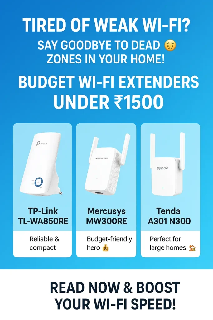 Three budget-friendly WiFi extenders under ₹1500 displayed side-by-side, with a bold headline reading “Struggling With Weak Wi-Fi? Try These 3 Budget WiFi Extenders Under ₹1500” on a light background.