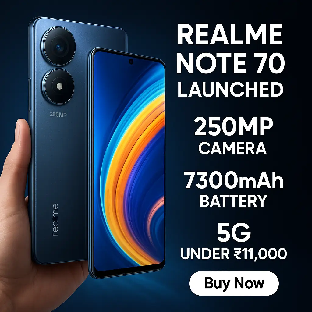 Realme Note 70 smartphone featuring 250MP camera, 7300mAh battery, AMOLED display and 5G support under ₹11,000 in India.