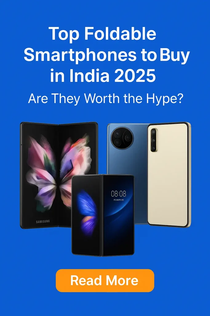 Top foldable smartphones in India 2025 including Samsung Galaxy Z Fold, Vivo X Fold, and HONOR Magic V3 displayed on a blue background with Read More button.
