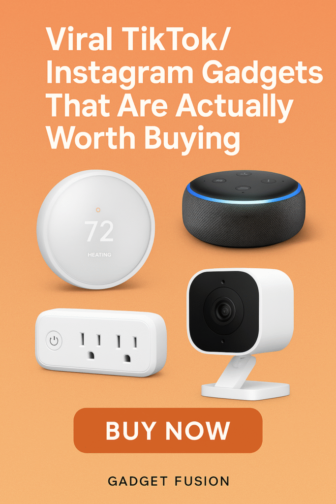 Viral TikTok and Instagram gadgets displayed in a bold Pinterest graphic with orange background and tech product highlights.