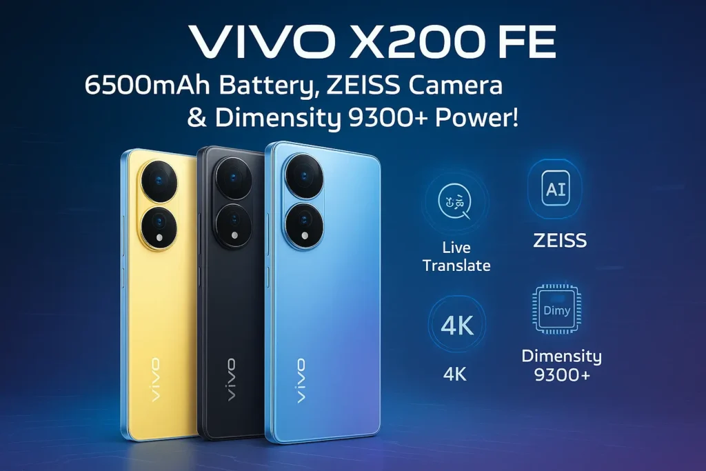 "Vivo X200 FE smartphone featured image showing ZEISS triple camera, 6500mAh battery, Dimensity 9300+ chipset and vibrant color variants with futuristic AI UI elements in the background."