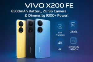 "Vivo X200 FE smartphone featured image showing ZEISS triple camera, 6500mAh battery, Dimensity 9300+ chipset and vibrant color variants with futuristic AI UI elements in the background."