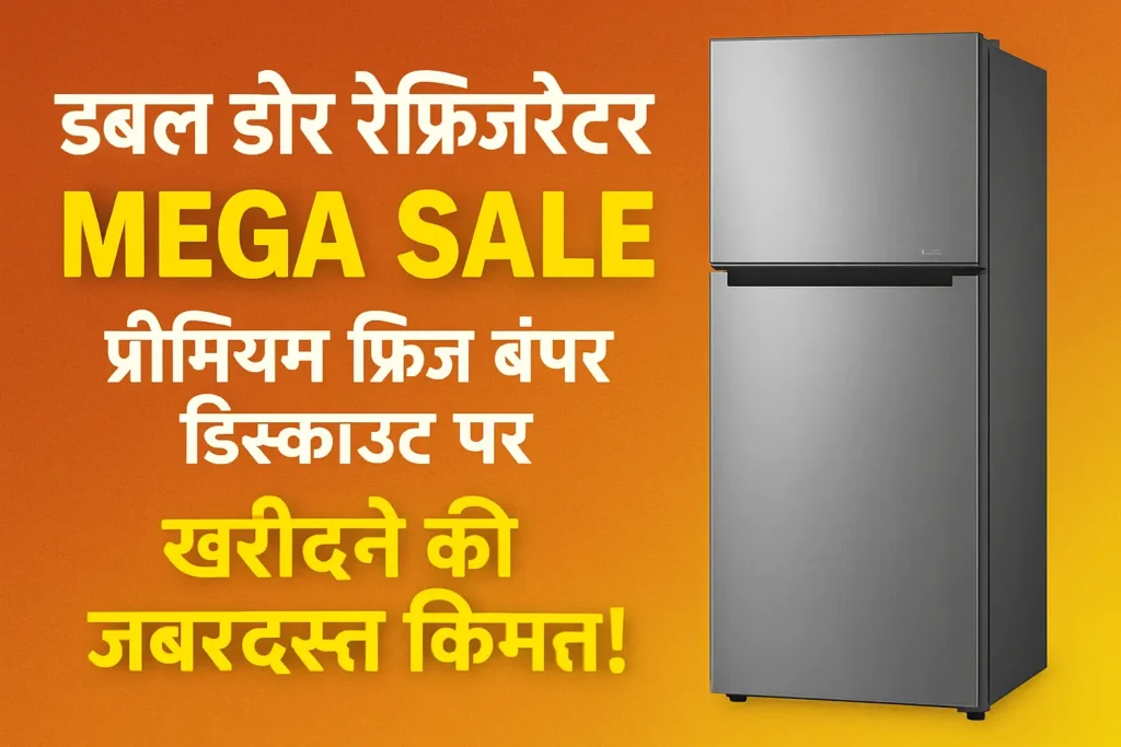 Double door refrigerator on sale with bold Hindi text highlighting mega discount offer during Amazon Great Freedom Sale 2025.
