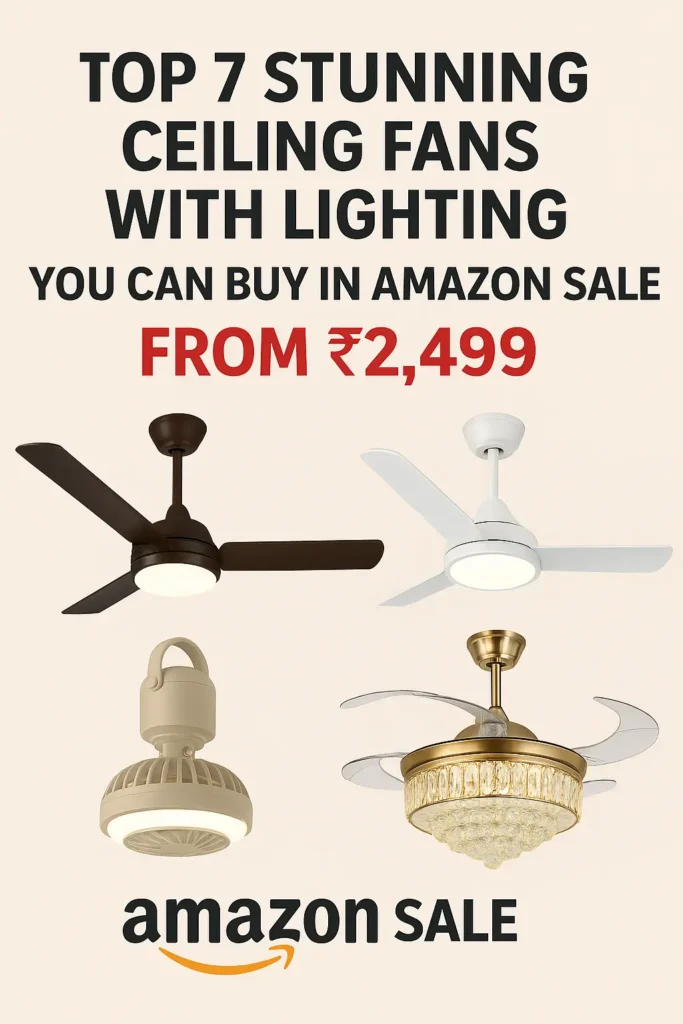 "Advertisement for Amazon sale showing four ceiling fans with built-in lighting in various styles, with text reading 'Top 7 Stunning Ceiling Fans with Lighting You Can Buy in Amazon Sale from ₹2,499'."