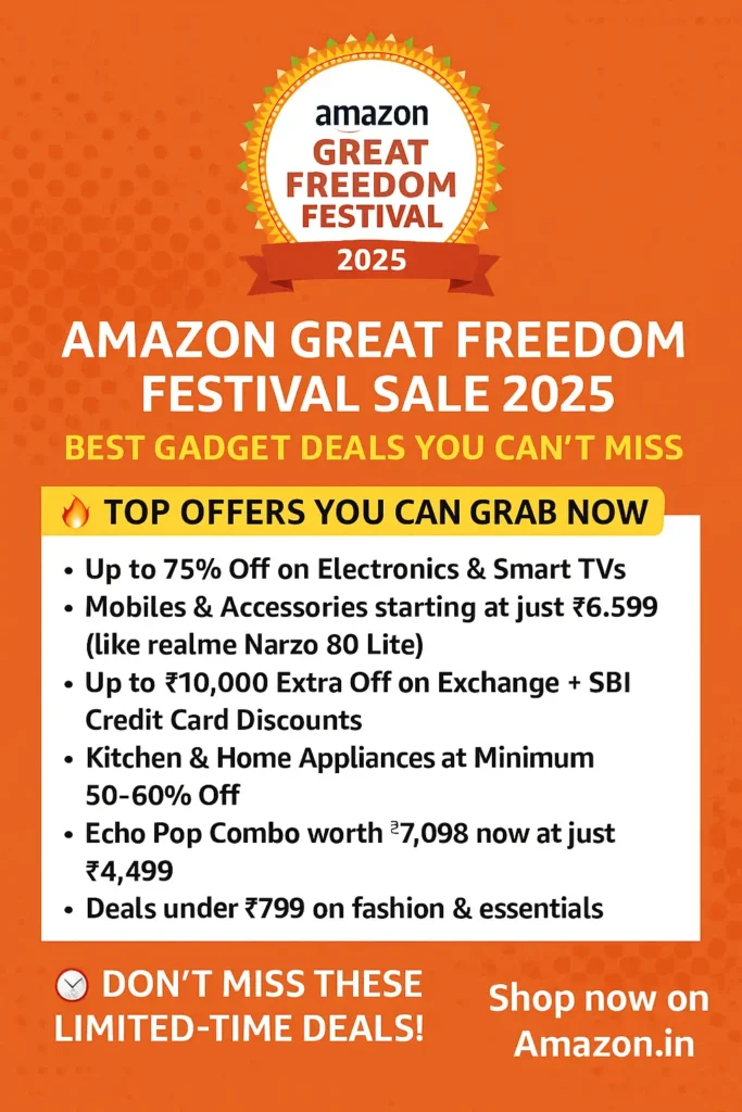 Promotional banner for Amazon Great Freedom Festival Sale 2025 highlighting top deals on electronics, smart TVs, mobiles, and home appliances with bright orange theme and bold text